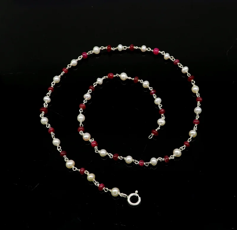 Elegant pearl and red stone custom made 925 sterling silver 16" long beaded necklace, gorgeous girl's women's daily use best gifting ch100